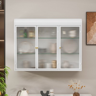 Vynxaria Three-Door Arched Wall-Mounted Glass Cabinet for Stylish Storage in Kitchen, Living Room, and Bathroom, Elegant White Finish