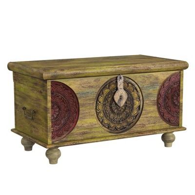 HomeRoots 33" Brown and Green Wood Distressed Coffee Table