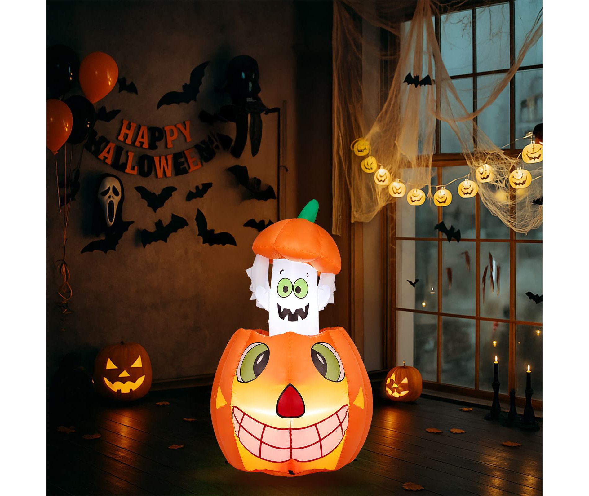 Angel Sar 2.8FT Halloween Inflatable Pumpkin Ghost, Animated LED Lighted Decor, Outdoor Indoor Yard Party Garden Decoration