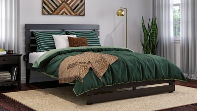 Walnut Twin Wood Bed with Headboard and USB Charger