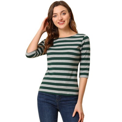 INSPIRE CHIC Women's Stripes Casual Basic Elbow Sleeves Boat Neck Slim Fit T-Shirts