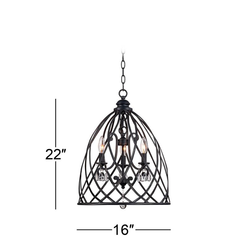 Franklin Iron Works Black Pendant Chandelier Lighting 16" Wide Industrial Rustic Bell Cage 3-Light Fixture for Dining Room House Foyer Kitchen Island, 4 of 8