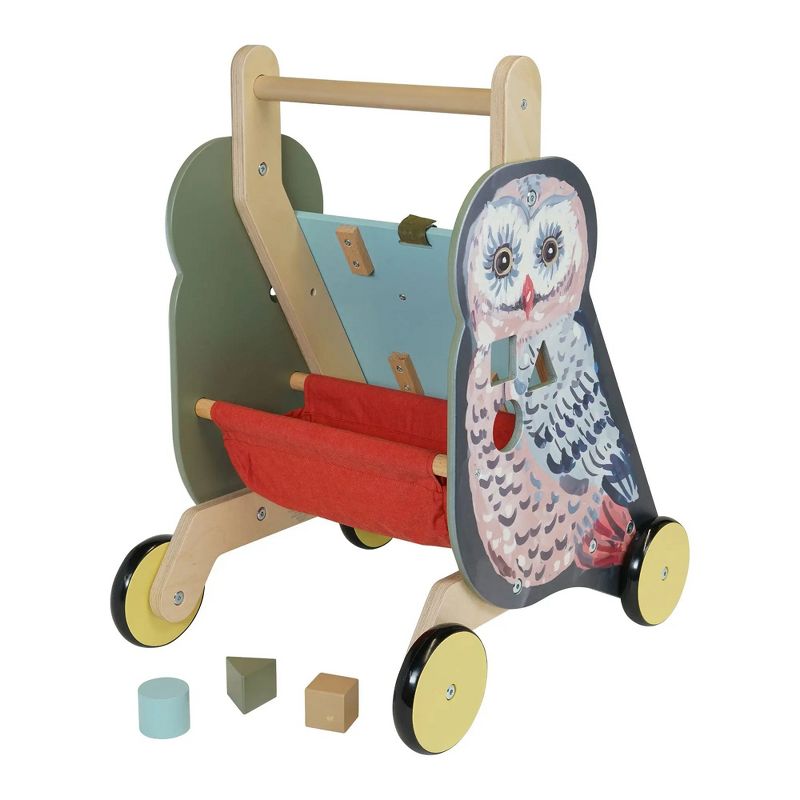 Manhattan Toy Wildwoods Owl Wooden Push Cart with Shape Sorter and Basket, Serrated Oval, Spinners, Bead Run and More, 4 of 10