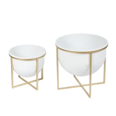 LuxenHome Set of 2 White Metal Cachepot Planters with Gold Metal Stands