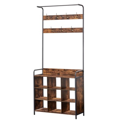 FONTOI Freestanding Storage Rack, 3-in-1 Coat Rack, Hall Tree with Shoe Rack with 7 Hooks for Entryway, Antique brown, 11.81"*70.87"*31.5"