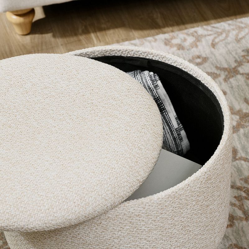 HOMCOM Storage Ottoman, Round Footstool with Linen Feel Fabric Upholstery, Removable Top, Hidden Space and Wood Legs for Living Room, 5 of 7