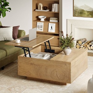 WOWLIVE Lift Top Coffee Table with Hidden Storage,Wooden Square cocktail table for Living Room, Light Brown - 1 of 4