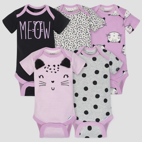 Gerber Baby Girls 5pk Short Sleeve Onesies Bodysuit Cat Purple