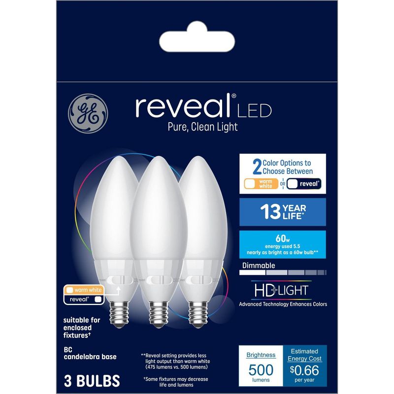 GE 3pk 5.5 Watts Color Select Warm White or Reveal Candelabra Base Reveal LED Decorative Light Bulbs, 5 of 7