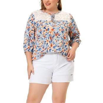 Agnes Orinda Women's Plus Size Floral Printed Lace Panel Self Tie Neck 3/4 Sleeves Summer Tops