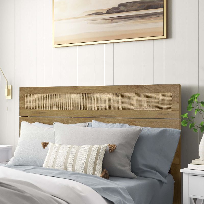LuxenHome Oak Finish Wood with Natural Rattan Top Panel Headboard, Queen Brown, 3 of 8