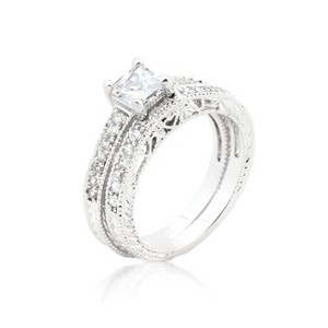 Slickblue Women’s Filigree Design Bridal Ring Set – Princess Cut with Round Accents, Rhodium-Plated, Sizes 5-10 - 1 of 4