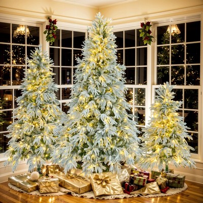 6FT/7.5FT Pre-Lit Snow Flocked Christmas Tree, Artificial Tree with Branch Tips and Multi-Color LED Lights, White+Green-ModernLuxe