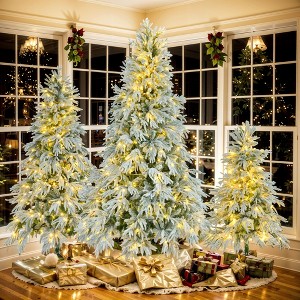 6FT/7.5FT Pre-Lit Snow Flocked Christmas Tree, Artificial Tree with Branch Tips and Multi-Color LED Lights, White+Green-ModernLuxe - 1 of 4