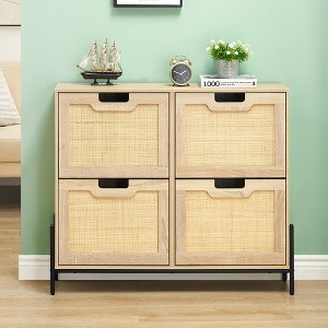 Rattan Shoe Storage Cabinet, 4 Flip Drawers Shoe Organizer for Entryway, Freestanding Shoe Organizer with Metal Legs, Narrow Shoe Rack Cabinet - 1 of 4