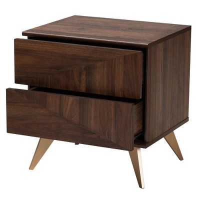 Graceland Walnut Brown 2-Drawer Nightstand with Gold Cone Legs