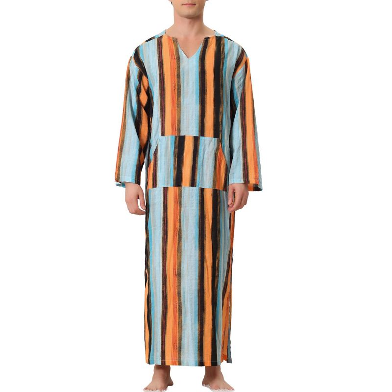 Lars Amadeus Men's V Neck Long Sleeves Contrast Color Striped Pattern Nightshirts, 1 of 6