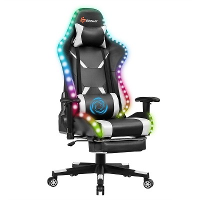 Costway Gaming Racing Chair w/ LED &Massage Lumbar Support Blue\White