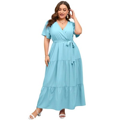 Womens Plus Size V Neck Wrap Maxi Dress High Waist Ruffle Summer Casual Dress with Belt, Solid Light Green, 2XL