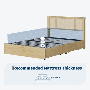 Bed Frame with Natural Rattan Headboard, Full Size, 4 Storage Drawers, Wooden Slats, Boho-Style Cane Support, Metal Base - 1 of 4
