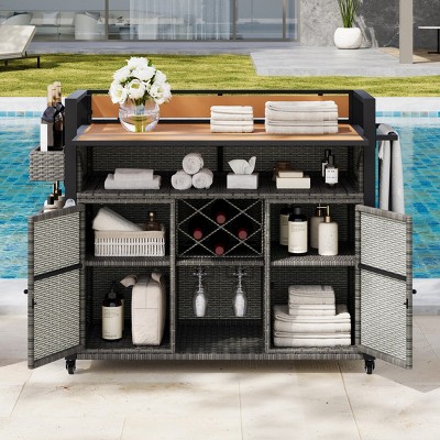 Outdoor Rolling Kitchen Island With Storage Cabinet,Double Handle Design Wicker Grill Cart With Extended Plastic Wood Table Top -Maison Boucle