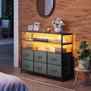 GALAXHERO 6 Drawer Dresser with LED Lights and Charging Station Fabric Chest with Open Shelves Bedroom and Living Room Storage Rustic Brown - 1 of 1