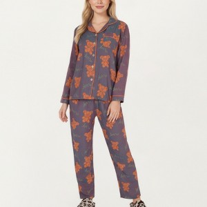 Anna-Kaci Lounge Women's 2-Piece Set Teddy Bear Print Button-Up Long Sleeve Pajama Top and Relaxed Fit Pants - 1 of 4