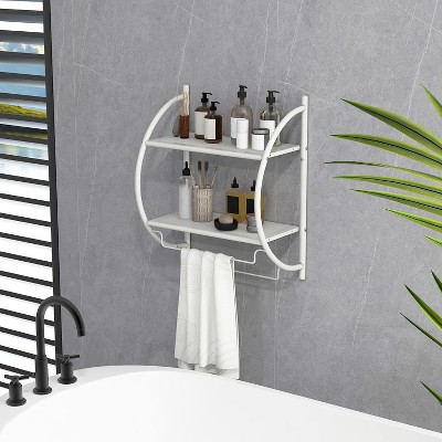 White Metal Wall-Mounted 2-Tier Bathroom Shelf with Towel Bars