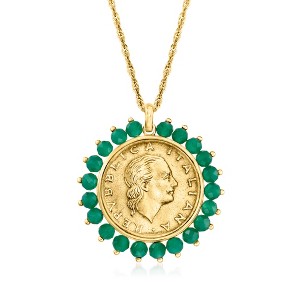 Ross-Simons Genuine 200-Lira Coin and Green Agate Medallion Pendant Necklace in 18kt Gold Over Sterling Size - 1 of 4