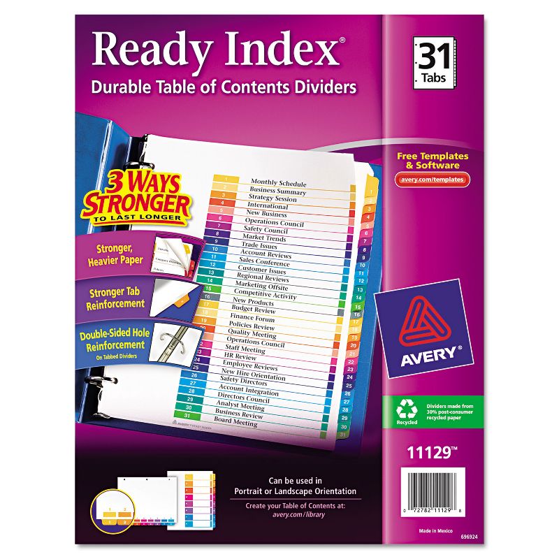 Avery Ready Index Customizable Table of Contents Multicolor Dividers 31-Tab Letter 11129, 1 of 9