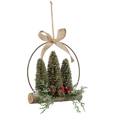 Rustic Frosted Green Bottle Brush Trees Ornament with Burlap Bow