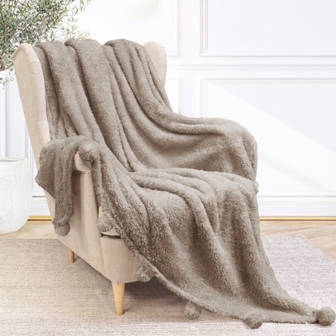 PAVILIA Fluffy Throw Blanket with Pompom Lightweight Soft Plush Cozy Warm Pom Pom Fringe for Couch Sofa Bed Tan Taupe Twin 60x80