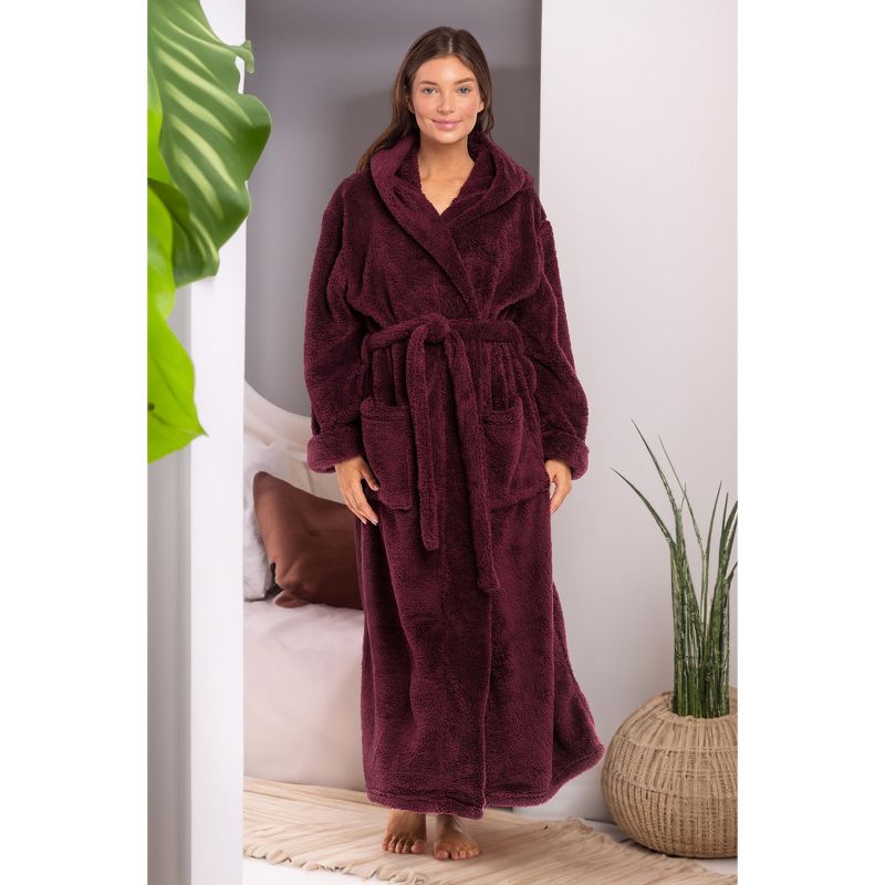 Women's Fuzzy Plush Fleece Bathrobe with Hood, Soft Warm Hooded Lounge Robe, 6 of 8
