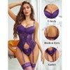 Clotth Women's Floral Lace Garter Lingerie Set - Cute Babydoll Bodysuit, Bra and Panty Set, Elegant Lingerie, Purple - 2 of 4