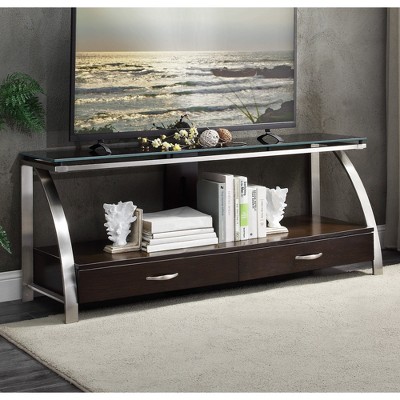 60" Glass and Engineered Wood TV Stand with Stainless Steel Frame, 2 Drawers, and Open Cubby for Living Room
