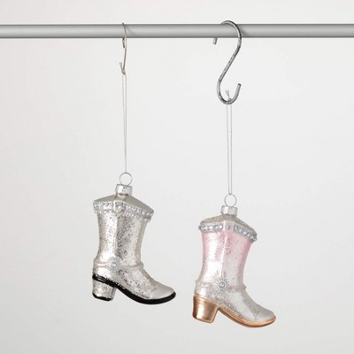 4.5"H Sullivans Silver Pink Boot Christmas Ornaments Set of 2, Christmas Tree Decor
