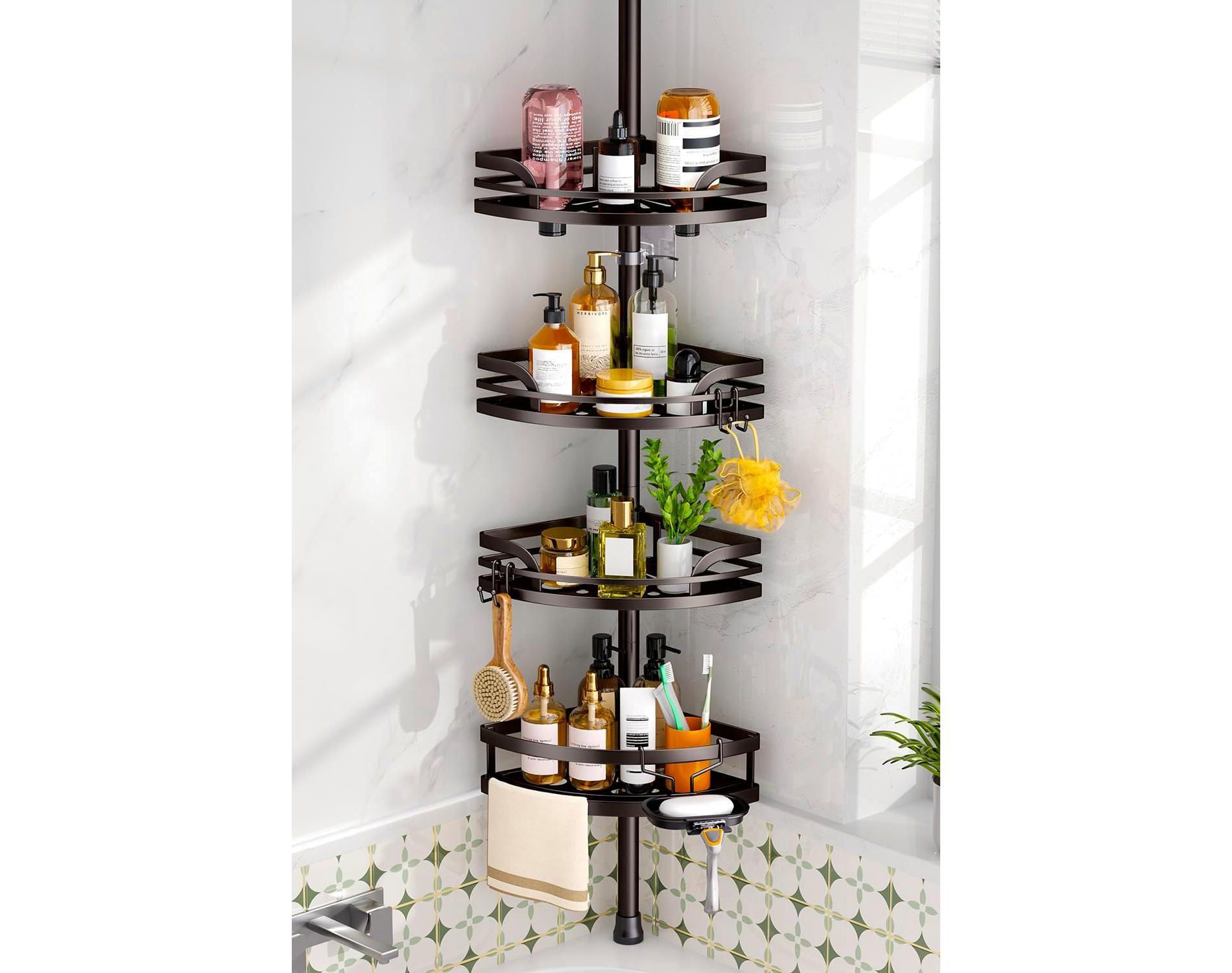 HAMITOR Shower Caddy Tension Pole：4-Tier Rustproof Bathroom Corner Shelf for Renters 47 121 inches Adjustable Bathtub Organizer with Soap Holder large