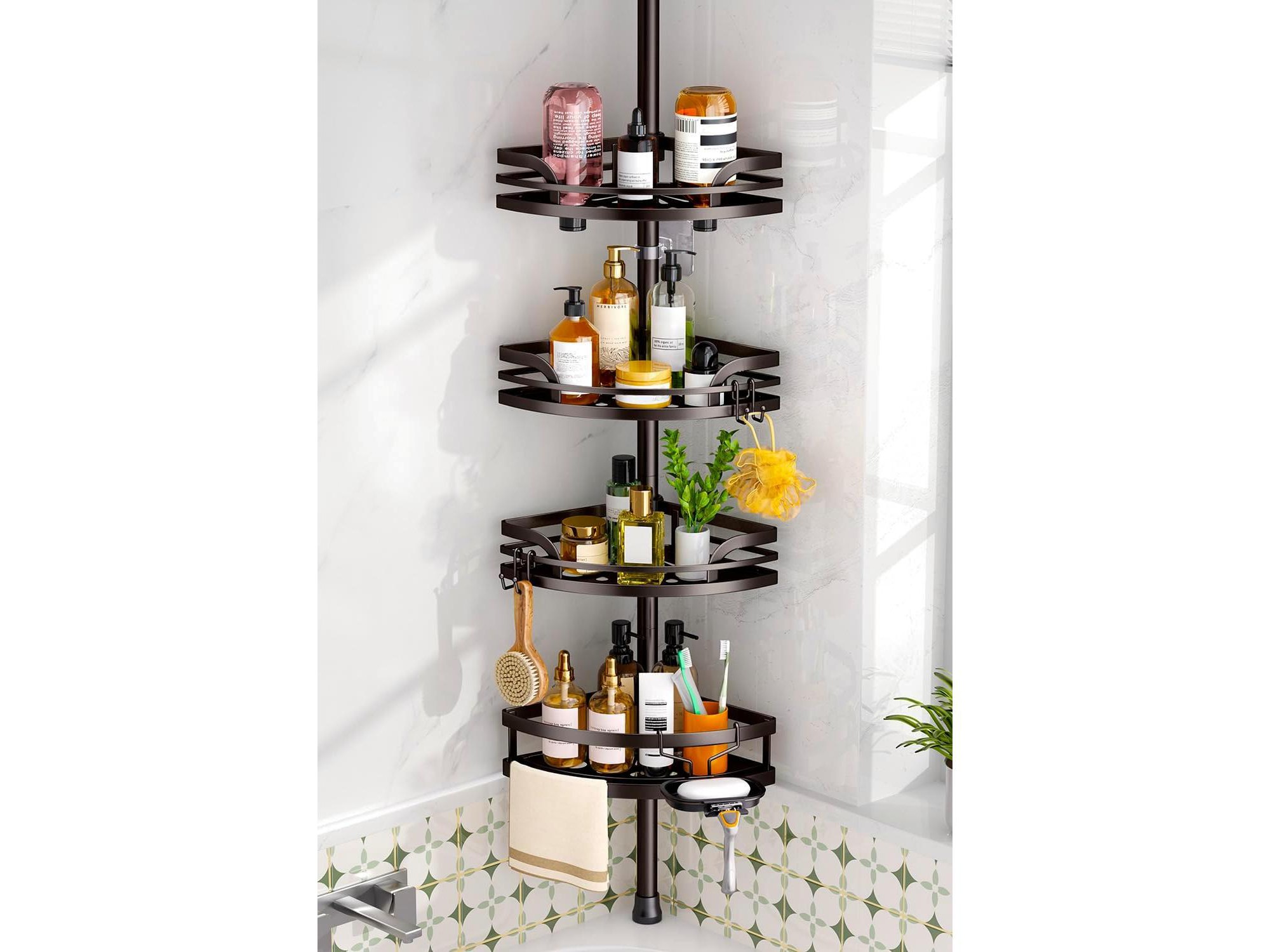 HAMITOR Shower Caddy Tension Pole：4-Tier Rustproof Bathroom Corner Shelf for Renters 47 121 inches Adjustable Bathtub Organizer with Soap Holder