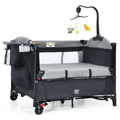 Image of Costway Baby Foldable 5 in 1 Nursery Center Toddler Bedside Crib W/ Music Box Black