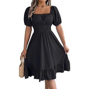 Coolmee Women's Summer Smocked Midi Dress Spring Square Neck Flutter Sleeve  Casual Ruffle Swing Boho Beach Dresses Black XL : Target
