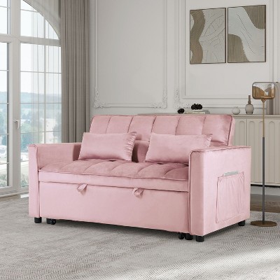 Okak Modern 3-in-1 Pull-out Sofa Bed Convertible Loveseat Sleeper Couch Futon with Pillows & Reclining Backrest for Living Room Office, Pink