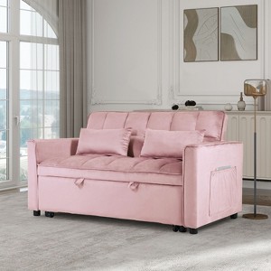 Okak Modern 3-in-1 Pull-out Sofa Bed Convertible Loveseat Sleeper Couch Futon with Pillows & Reclining Backrest for Living Room Office, Pink - 1 of 4