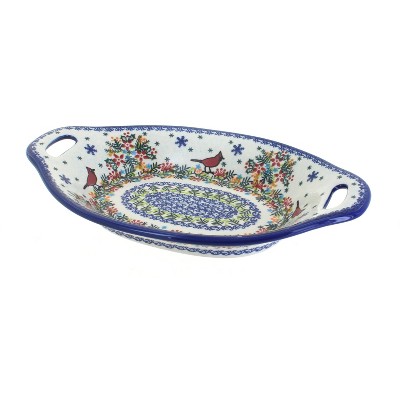 Blue Rose Polish Pottery Winter Cardinal Bread Tray with Handles