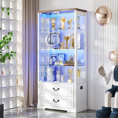 Fredees Display Cabinet with Glass Doors, 67" Adjustable Display Shelf with 3-Color Lights & Human Sensor for Toys & Books