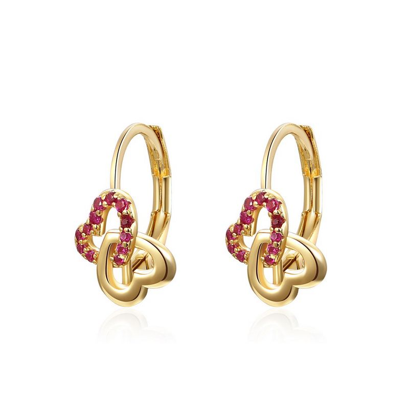 Guili Kids/Teen's Sterling Silver 14k Yellow Gold Plated with Ruby & Double Heart Halo Drop Leverback Earrings., 2 of 4