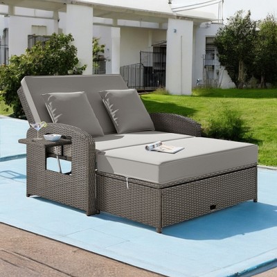 Mshliw PE Wicker Rattan Double Chaise Lounge with Adjustable Back, Cushions– 2-Person Reclining Daybed for Outdoor Use