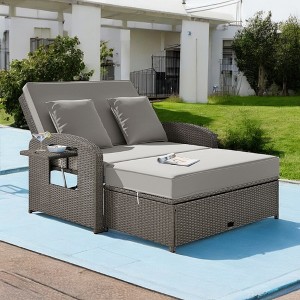 Mshliw PE Wicker Rattan Double Chaise Lounge with Adjustable Back, Cushions– 2-Person Reclining Daybed for Outdoor Use - 1 of 4