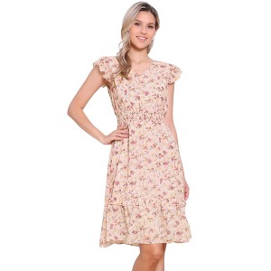 Allegra K Women's Floral Flutter Sleeves V Neck Smocked Ruffle Sundresses - 1 of 4