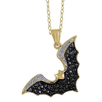 Women's Sterling Silver Accent Round-Cut Black Diamond Pave Set Flying Bat Pendant (18")