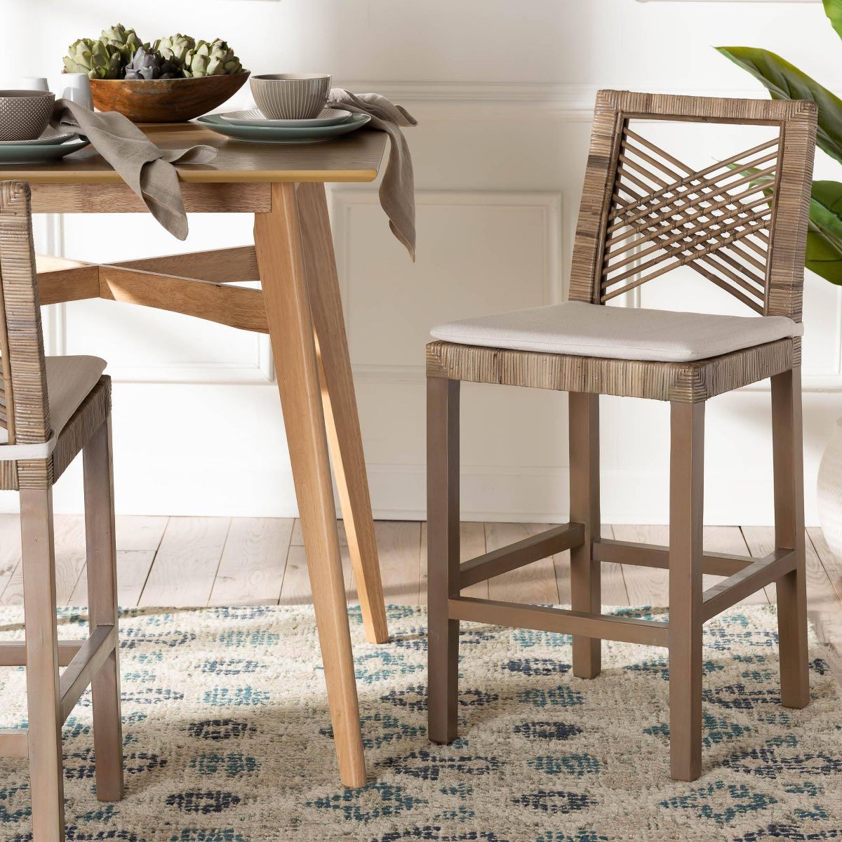bali & pari Poltak Natural Rattan and Mahogany Wood Counter Height Barstool Kubu Gray/Rustic Taupe - thumbnail 3